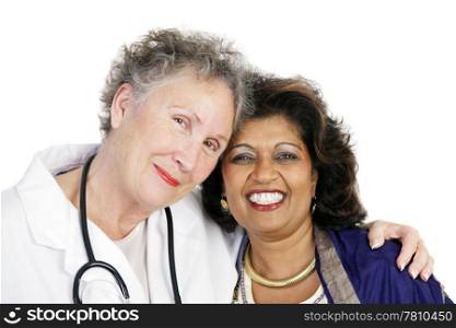 Closeup of a female doctor and patient showing their closeness and bond of trust. Isolated on white.
