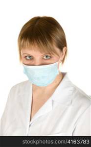 Closeup of a female health-care professional nurse wearing a protection mask