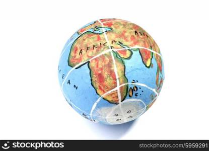 Closeup of a globe showing the Ocean isolated on white