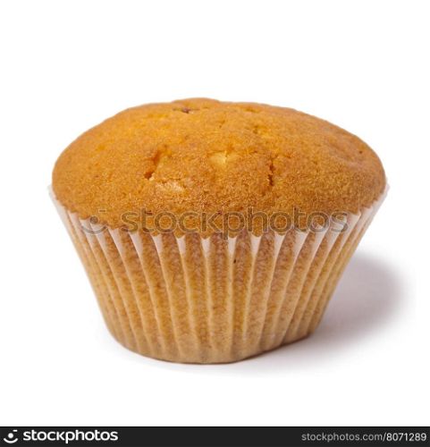 Closeup of a Magdalena Typical Spanish Plain Muffin. Sweet Food or Dessert. One Fresh Baked Double Chip Muffin Isolated on White Background in American Style. Irresistible Tasty Cake. One Fresh Baked Double Chip Muffin Isolated On White