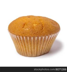 Closeup of a Magdalena Typical Spanish Plain Muffin. Sweet Food or Dessert. One Fresh Baked Double Chip Muffin Isolated on White Background in American Style. Irresistible Tasty Cake. One Fresh Baked Double Chip Muffin Isolated On White