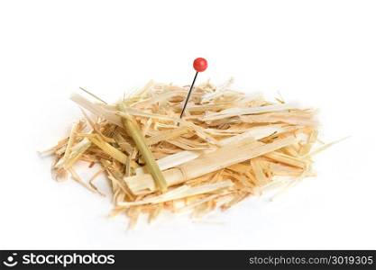 Closeup of a needle in haystack. Isolated on white background