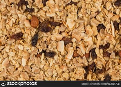 Closeup of a pile of muesli cereal breakfast oatmeal