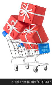 closeup of a shopping cart with gifts isolated on white