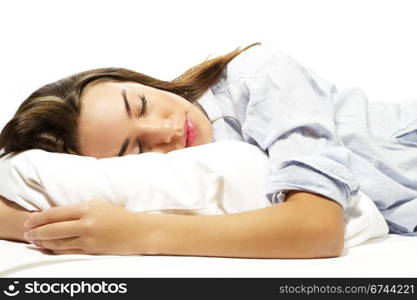 closeup of a sleeping woman. closeup of a sleeping woman on white background