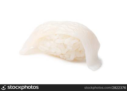 closeup of a squid sushi on a white background