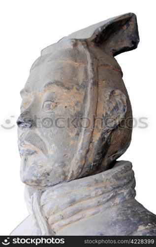 Closeup of a Terra cotta warrior&rsquo;s portrait on a white background