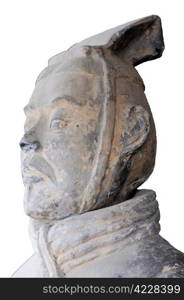 Closeup of a Terra cotta warrior&rsquo;s portrait on a white background