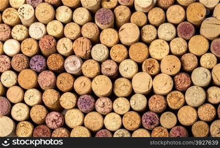 Closeup of a wall of used wine corks. A random selection of used wine corks Horizontal format