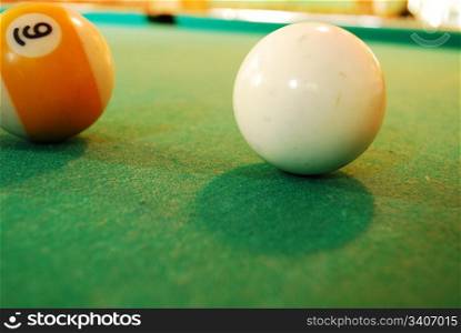 Closeup of a white Billiard Ball on green layout table