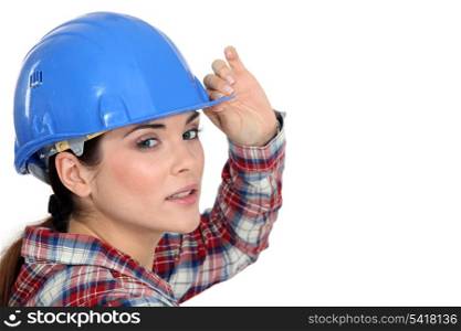 Closeup of a woman in a hardhat