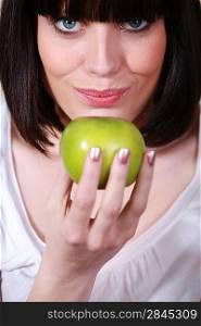 Closeup of a woman with a green apple