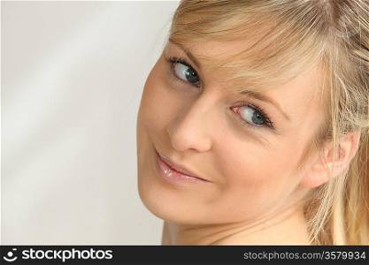 Closeup of a woman with blonde hair