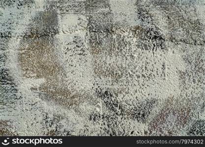 closeup of aging, grunge concrete wall texture with beige paint, cracks and chips