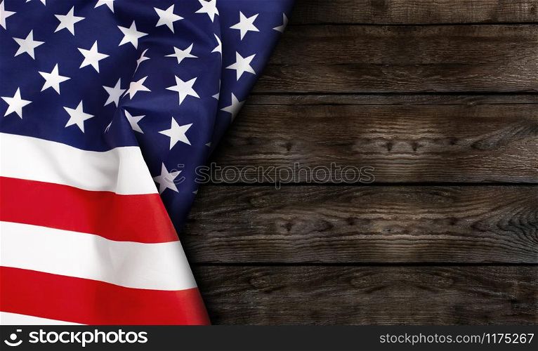 Closeup of American flag on a old wooden background