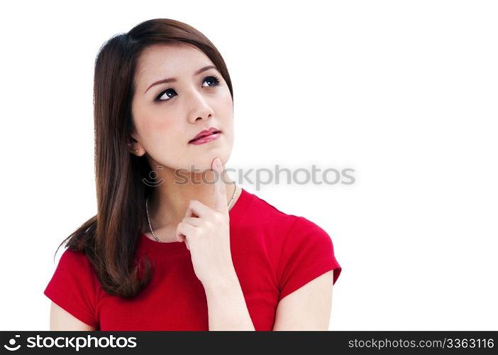 Closeup of an attractive young woman thinking, isolated on white background