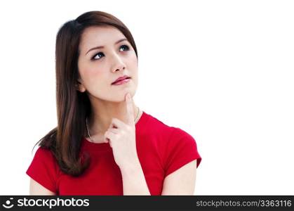 Closeup of an attractive young woman thinking, isolated on white background