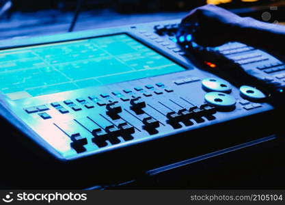 Closeup of an audio mixing control panel