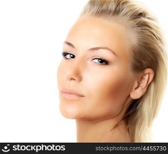 Closeup of beautiful female face isolated over white background, sexy blond woman with perfect soft skin, female beauty care, facial spa