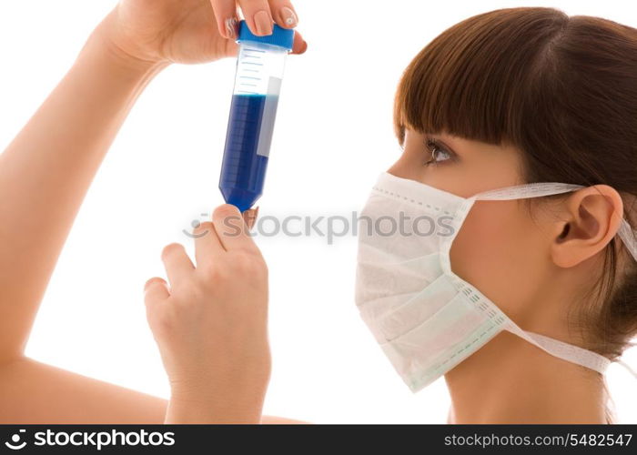 closeup of beautiful lab worker holding up test tube