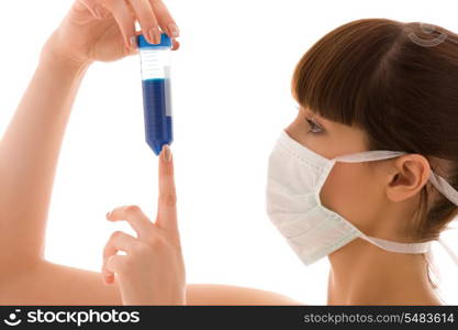 closeup of beautiful lab worker holding up test tube