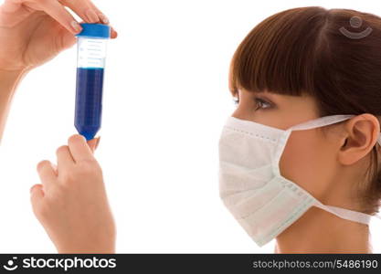 closeup of beautiful lab worker holding up test tube