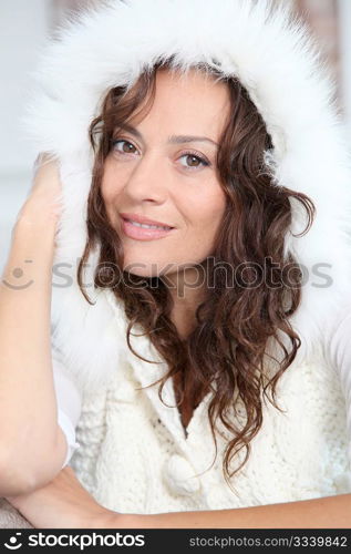 Closeup of beautiful woman with fur