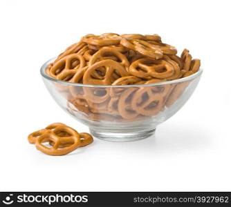 Closeup of bowl with baked pretzels isolated on white background. with clipping path