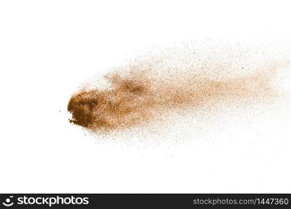 Closeup of brown powder particle splash isolated on white background.