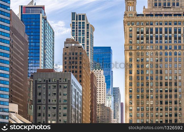 Closeup of building skylines skyscraper in Chicago IL USA