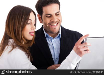 Closeup of business people with laptop on a white background