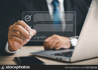 Closeup of businessman hand using stylus pen to sign electronic documents on virtual screen. Highlights electronic signature concept, efficient business management, digital transformation. Agreement