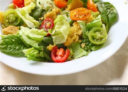 Closeup of butter lettuce and spinach salad with crumbled cornbread