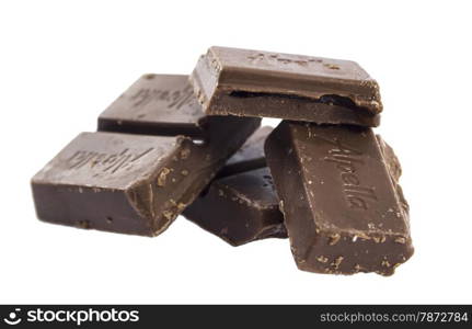 Closeup of chocolate bar isolated on white.