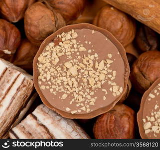 Closeup of coffee beans, cinnamon and nuts