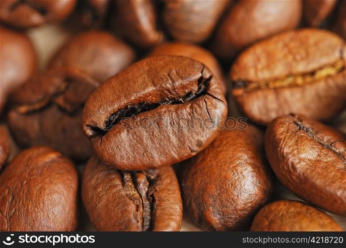 Closeup of coffee beans, top view. Coffee