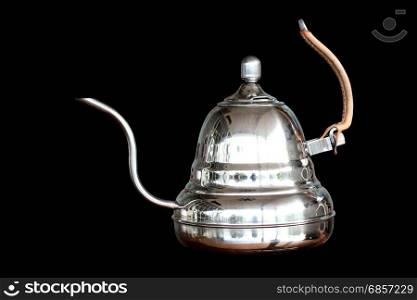 closeup of coffee drip kettle on black background