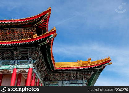 Closeup of colorful ornamental roof of National Concert Hall at CKS Memorial Hall in Taipei, Taiwan