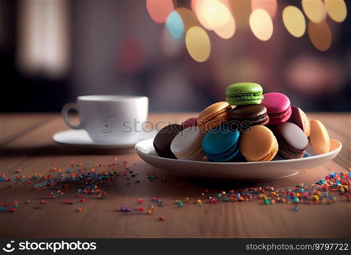 Closeup of colorful sweet macarons dessert with cup of coffee