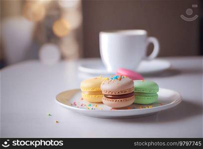 Closeup of colorful sweet macarons dessert with cup of coffee