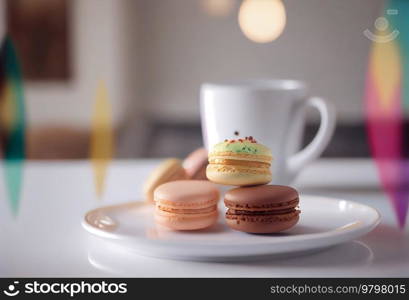 Closeup of colorful sweet macarons dessert with cup of coffee