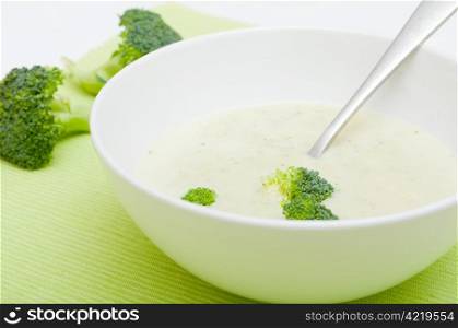Closeup of Cream of Broccoli Soup in White Bowl