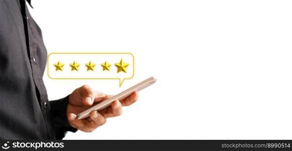 Closeup of customer hand pressing on smartphone screen with golden five-star feedback icon and pressing five ratings  best  to review service business concept for organization copy space