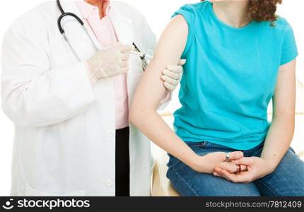 Closeup of doctor giving a vaccination to a young patient.