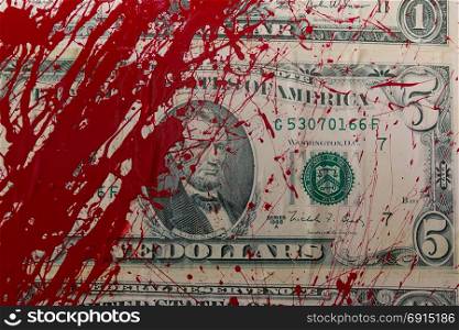 Closeup of Dollar Banknote with Red Color Splash like Blood