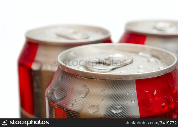 Closeup of Drinking Cans on White Background - Shallow Depth of Field