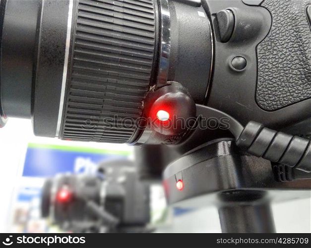 closeup of dslr cameras on diplay in store