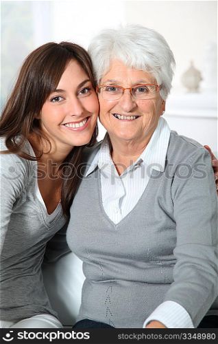 Closeup of elderly woman with young woman