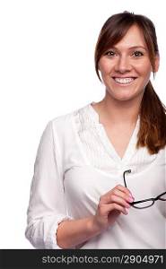 Closeup of elegant business woman with perfect smile and glasses in her hands