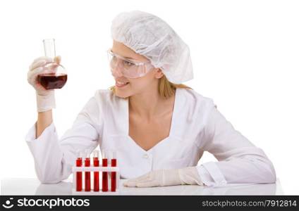 Closeup of Female Doctor or lab technician with Test Tubes of Red Liquid